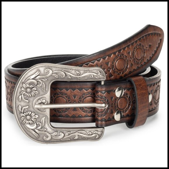Accessories - Vintage Western Belt Carved Buckle PU Leather Waist Accessory Chic Retro